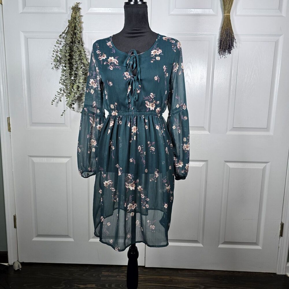 Mudd Y2K Style Mini Dress Size M Green Floral Sheer Bishop Balloon Sleeve Lined